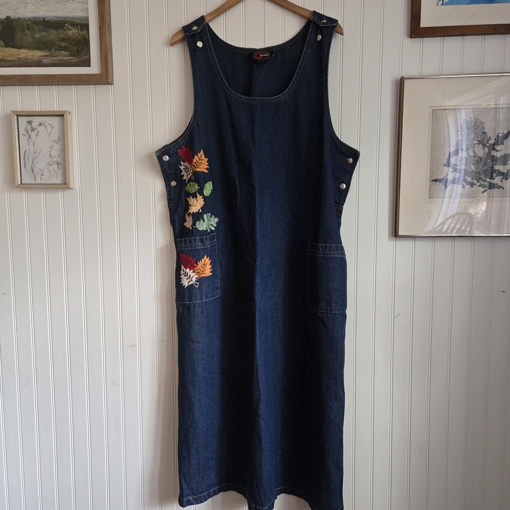 Cherry Krave Dark Blue Denim Overall Dress with Fall Leaves Embroidery